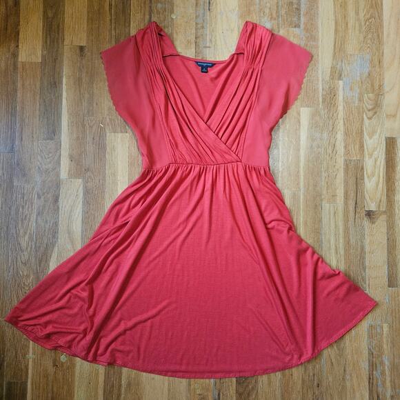 Banana Republic Dress Size 10 Orange Sheer Short Sleeve Wrap Fit Flare Midi Fall - Picture 6 of 9